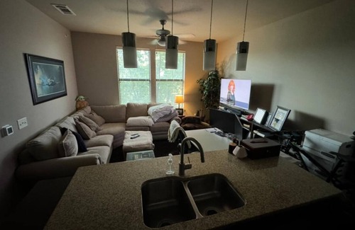 Dallas-Fort Worth Metroplex DFW Apartment | 2-bedroom apartment fiber WiFi in Addison. Set up for remote computer work.