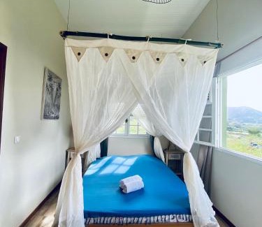 Le Morne-Rouge House | Chambre et SDB privative Ylang Ylang vue Mont Pelée dans maison partagée