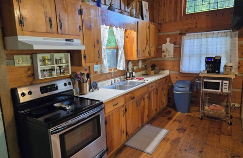 Lansing Cabin | Peaceful Riverfront Log Cabin w/Hot tub near West Jefferson