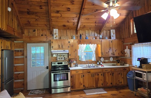 Lansing Cabin | Peaceful Riverfront Log Cabin w/Hot tub near West Jefferson