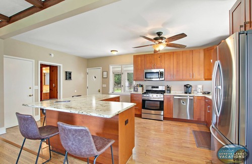 Delavan Lake House | Sunset Views |Beautiful Delavan Lakefront Home |Private Pier |Lakefront Patio w/Fire Table