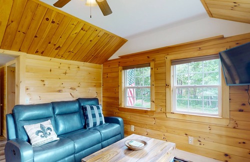 Belfast Cabin | Tranquil lake view cabin with fireplace, gas grill, WiFi, smart TV, & deck