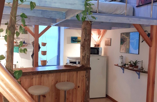 A cabin atmosphere for this charming mezzanine studio
