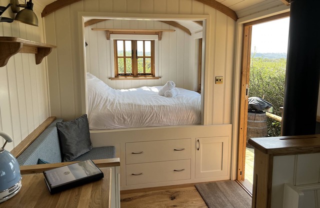 Cosy Shepherd Hut with wood burner and radiator - panoramic sea views!