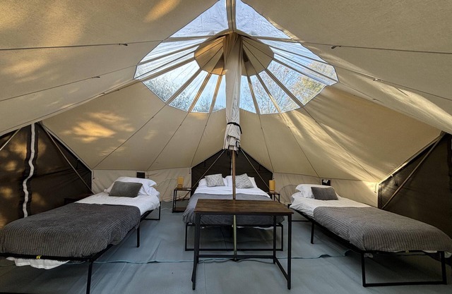 Cozy Winter Hot Tent With Log Burner, Tv & Hot tub