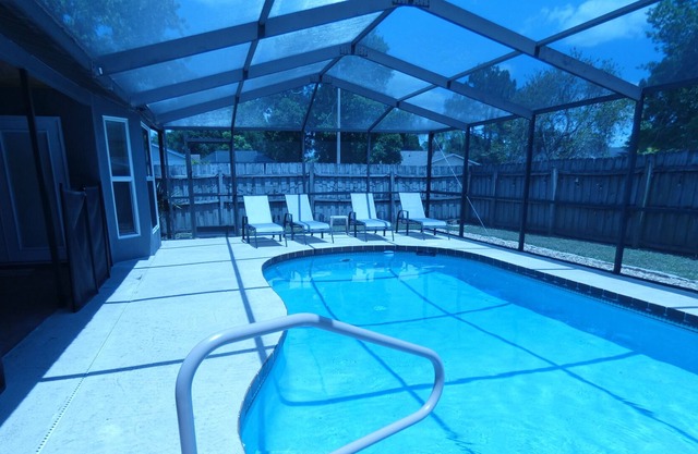Solar heated pool. Fenced yard. Most dog breeds allowed with pet fee.