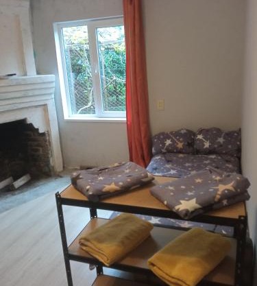 studio with a fireplace