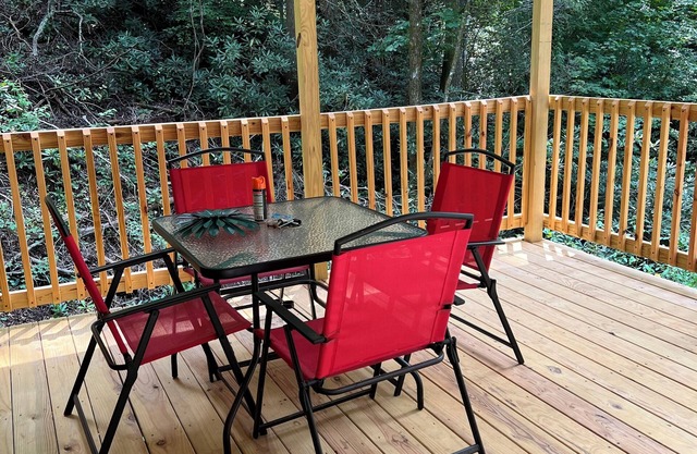 Tiny Cabin in the Laurels, with queen bed & queen sofa bed in wooded setting.