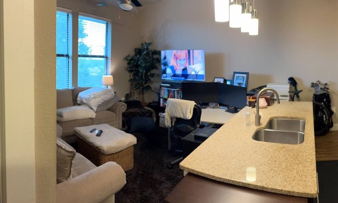Dallas-Fort Worth Metroplex DFW Apartment | 2-bedroom apartment fiber WiFi in Addison. Set up for remote computer work.