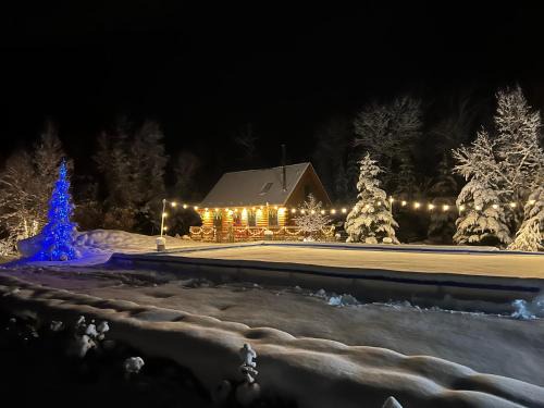 Bretton Woods Villa | BC Log cabin with private beach river fire pit AC wifi onsite trails ski slope views