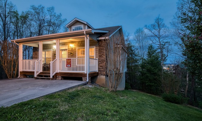 Pigeon Forge Cottage | Close to Pigeon Forge one story City Night time Views-Hot tub-Foosball table