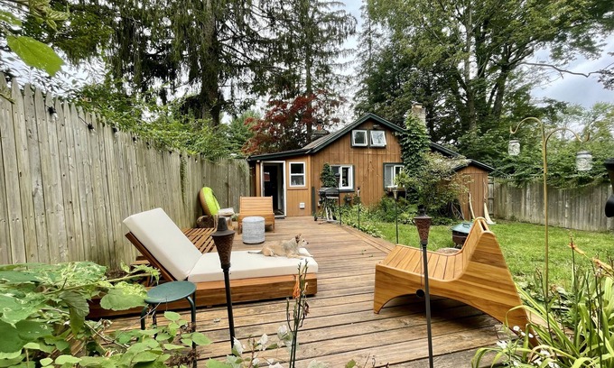 Carmel Cabin | Cozy cabin with deck and fireplace steps from White Pond Lake. Dog friendly.