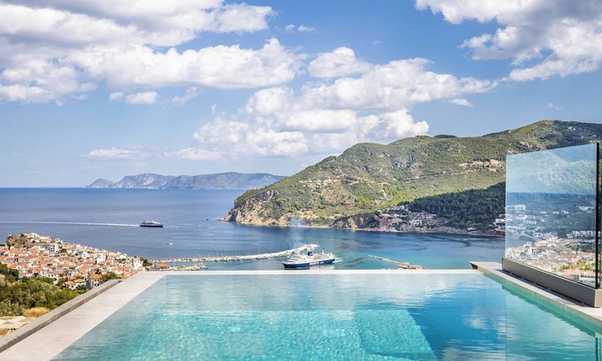 Skopelos Villa | ELEGANT RESORT with unique sea view, pool with waterfall and privacy!
