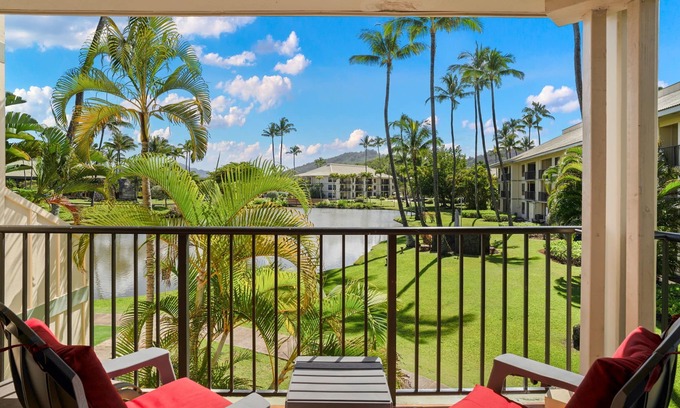 Hanamaulu Condo | Kauai Beach Villas E-15 view the Freshwater Lagoon & Tropical Garden