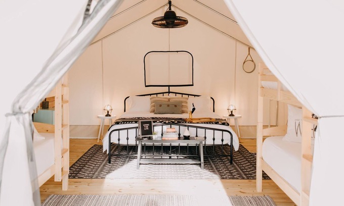 Delta RV Rental | LAKE VIEW Glamping at Cheaha State Park, pet friendly, water, hiking, swimming