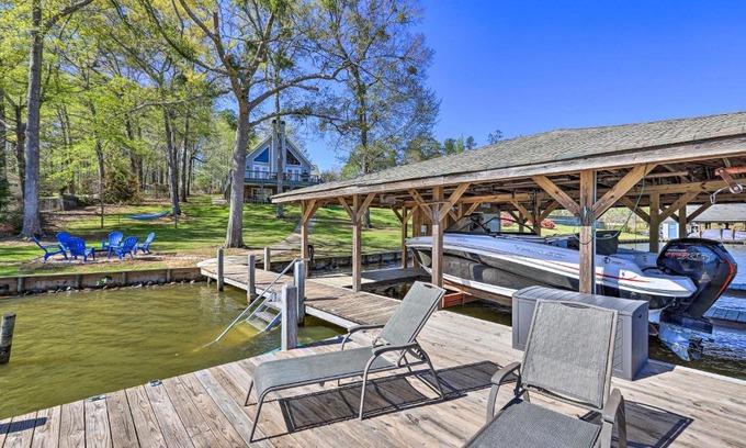 Eatonton House | Lakefront Eatonton Home Boat Dock and Fire Pit