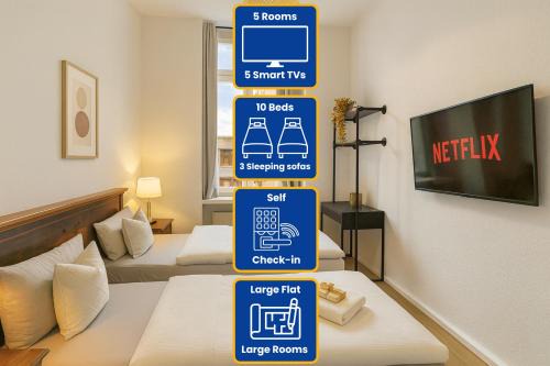 Zentrum-Sued Apartment | Leipzig Zentrum, Schnelles WLAN, TVs in allen 5 Zimmern, Self-Check-in, 5 Riesige Zimmer für große Gruppen, Aufzug