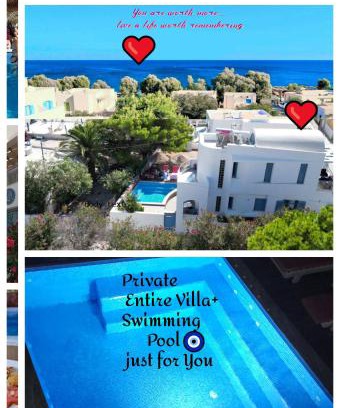 Perissa Villa | Located by the sea one beachfront Private Captain Lazaros Pool Villa with loft in 750sqm spacious private plot-Jacuzzi-sunrelax-furnished terace-gazebo-private parking,sleep 3 adults and 2 children, just steps from the Black Beach-Seaview