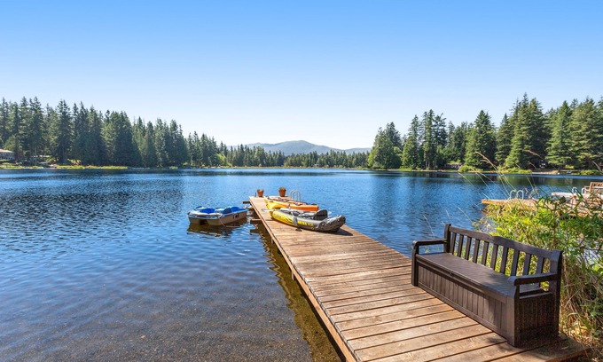 Fall City Cabin | Luxe lakeside cottage with furnished porch, 2 docks, fire pit, deck, beachfront