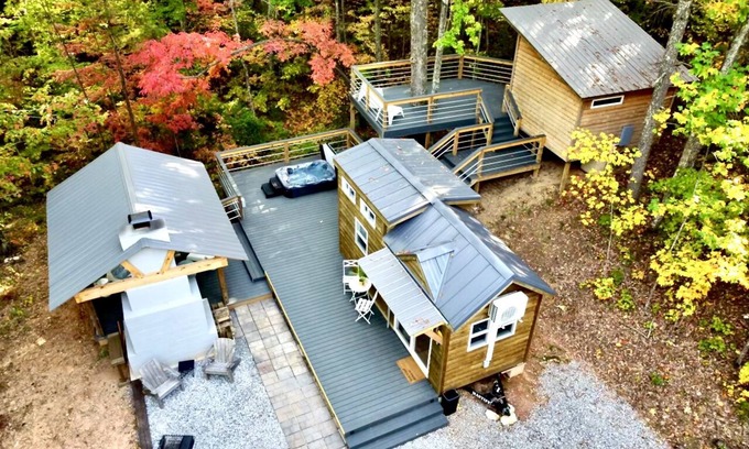 Tellico Plains Cabin | Luxury Tiny House with Treehouse Bedroom and HotTub on 34acres secluded