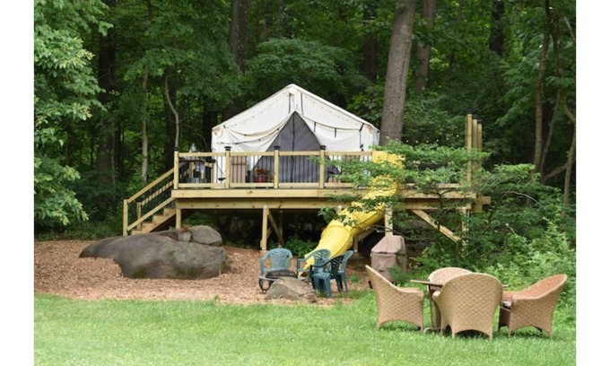 Pottstown RV Rental | Magical Tree House with Hot Tub, Fire Pit & Slide