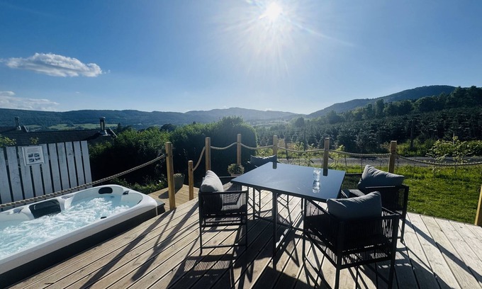 Pitlochry Cabin | Spacious Lodge with woodburner, hot tub and beautiful views from the patio deck.