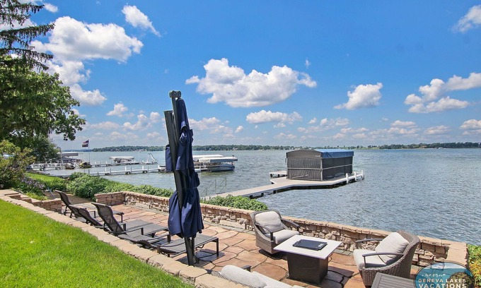 Delavan Lake House | Sunset Views |Beautiful Delavan Lakefront Home |Private Pier |Lakefront Patio w/Fire Table