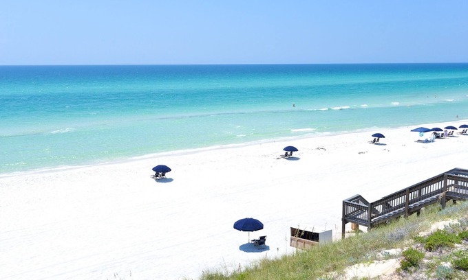 White's Gulfview House | Tranquil 30A Beach Bungalow: Steps from Sea, Pool with Golf Cart & Cruiser Bikes