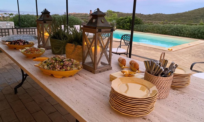 Porto Ercole Villa | Villa Pimpinnacolo: A splendid garden with swimming pool and breathtaking views