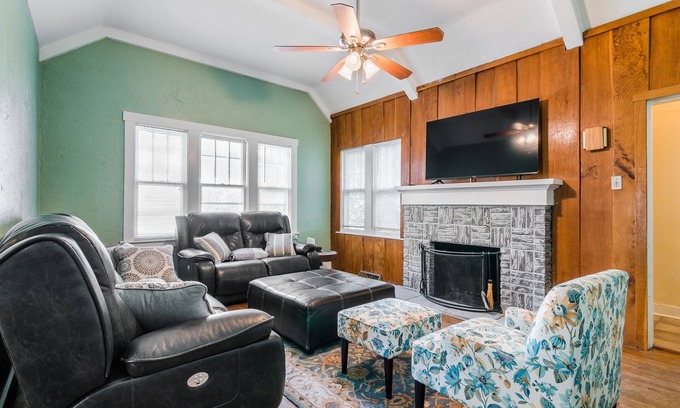 Manhattan House | Walk To Aggieville from Brick Cottage with Man Cave, Shuffle Board, Back Yard