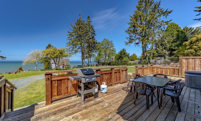 Trinidad Cabin | Wild ocean views, wrap-a-round deck, hot tub, expansive grounds with shared picnic tables