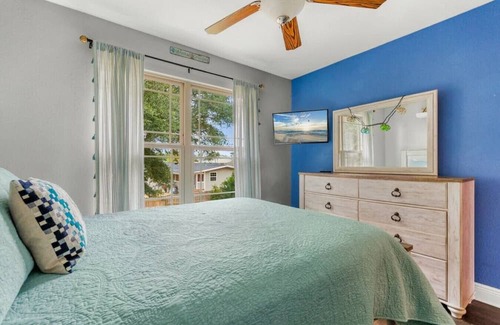 Sunset Bayou House | Beachy Blue House, 5 minutes to beach, with private hot tub, 3 bedrms/2.5 baths