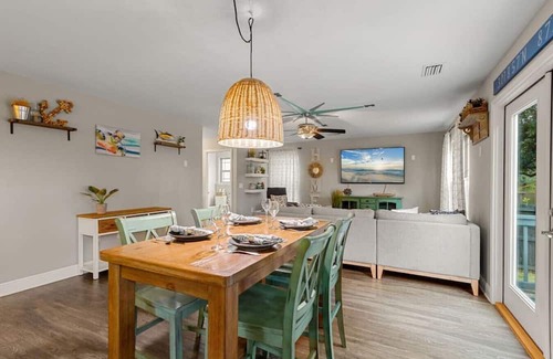 Sunset Bayou House | Beachy Blue House, 5 minutes to beach, with private hot tub, 3 bedrms/2.5 baths